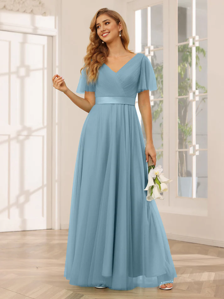 Chiffon Short-Sleeve V-Neck Belted Bodice A-Line Floor-Length Romantic Bridesmaid Dress