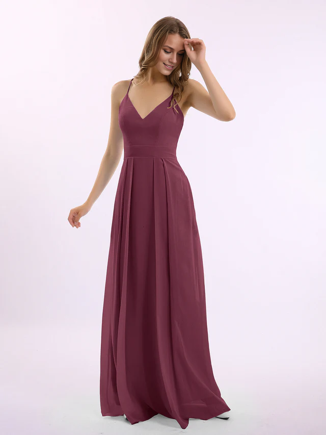 Chiffon Spaghetti-Strap Deep V-Neck A-Line Floor-Length Bridesmaid Dresses