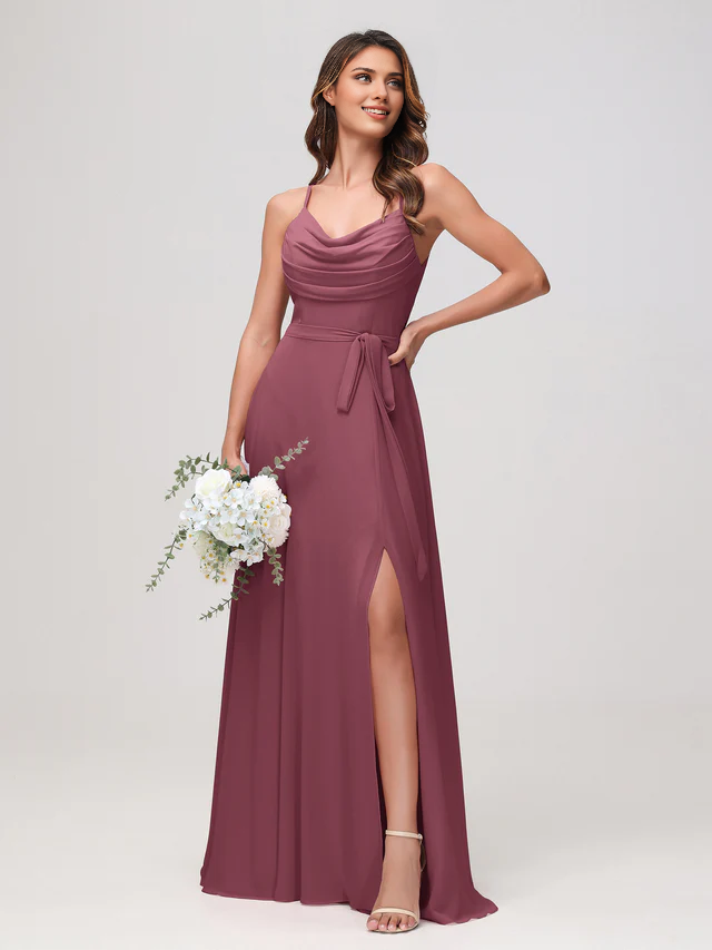 Chiffon Spaghetti-Strap Sweetheart Neckline Ruched Bodice High-Slit A-Line Floor-Length Bridesmaid Dresses