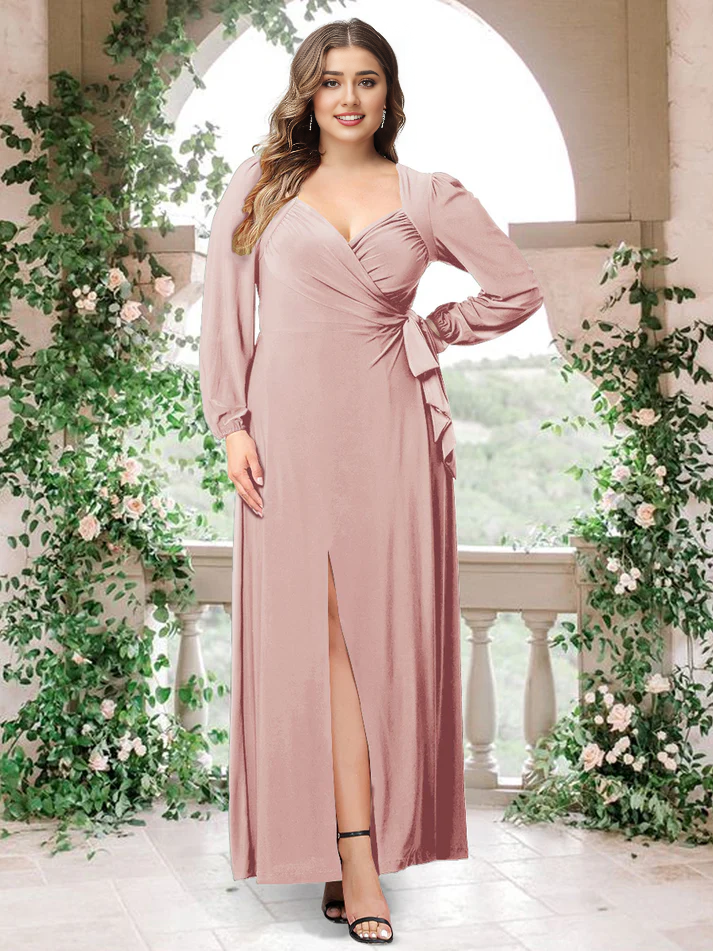Satin Long-Sleeve Sweetheart Neckline Ruched Bodice High-Slit Sheath Floor-Length Luxe Bridesmaid Dress