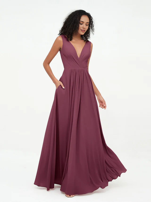 Chiffon Spaghetti-Strap Deep V-Neck Pocketed A-Line Floor-Length Bridesmaid Dresses