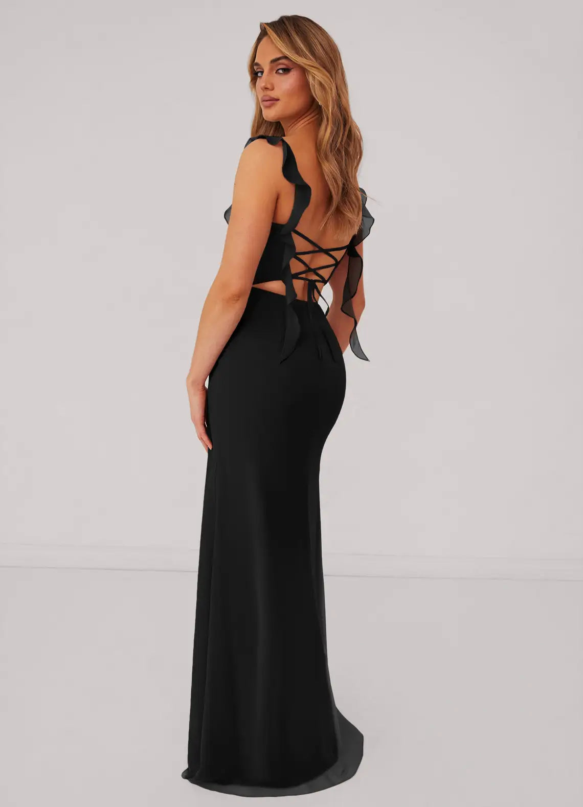 Alluring Bridesmaid Dress with Ruffled Straps, Lace-Up Back and Side Slit