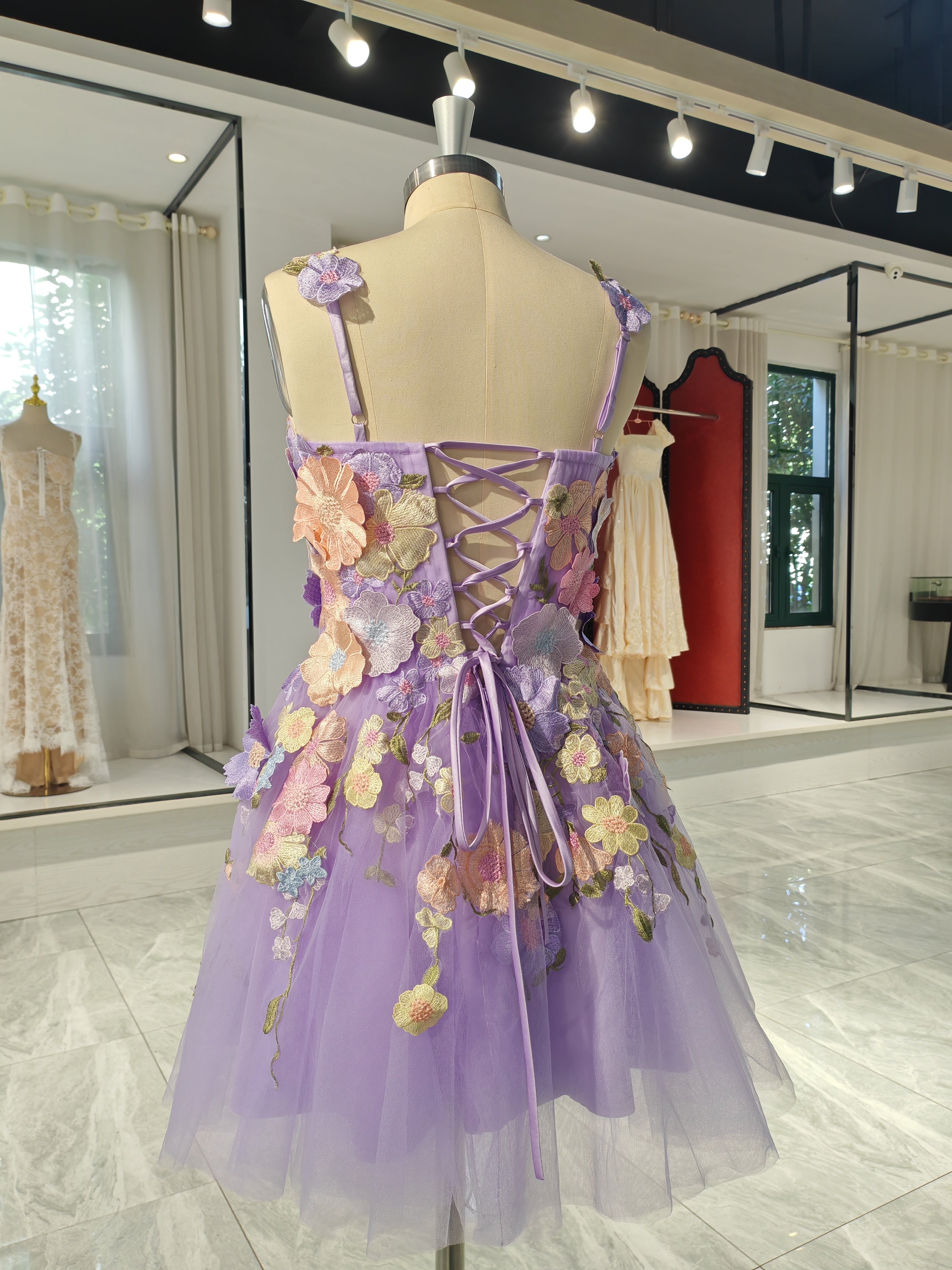 Lavender Tulle A-Line Sweetheart Lace-Up Back Above Knee Dress