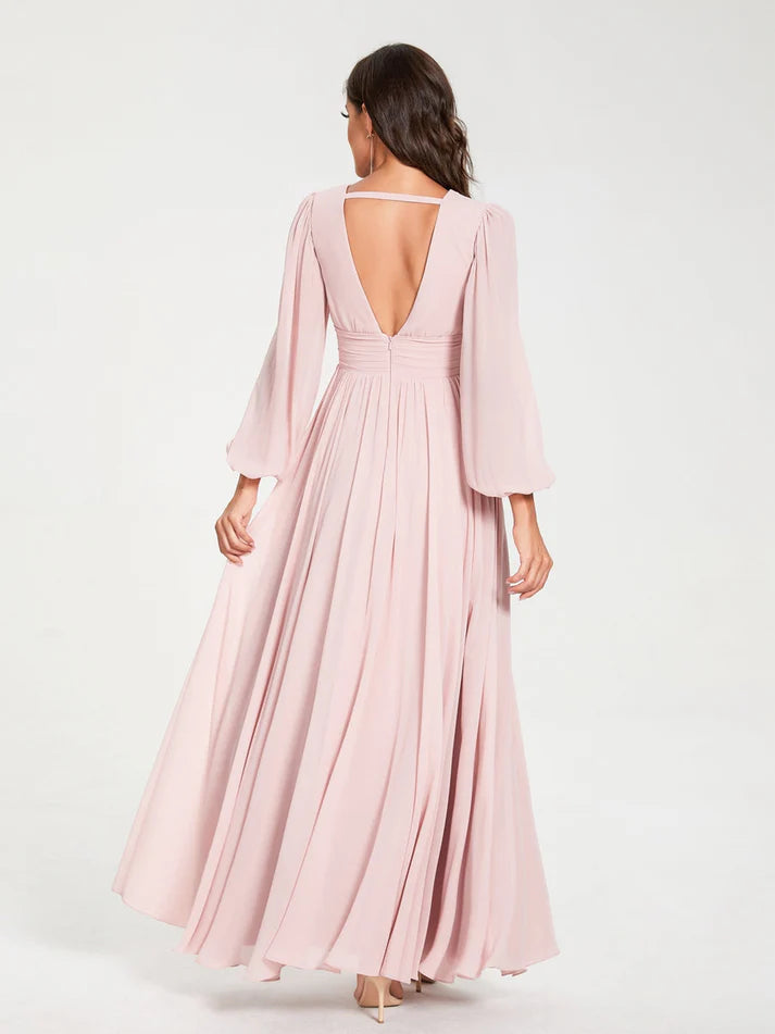 Chiffon Puff-Sleeve V-Neck Ruched Bodice High-Slit A-Line Floor-Length Bridesmaid Dresses
