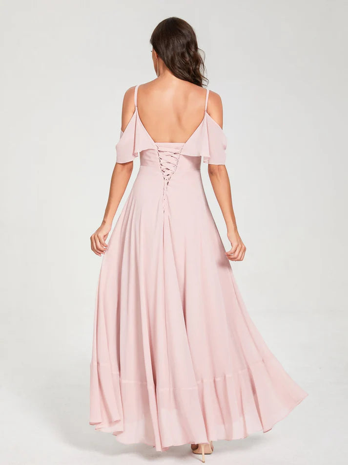 Chiffon Cold-Shoulder Spaghetti-Strap High-Slit Asymmetrical Floor-Length Stylish Bridesmaid Dress