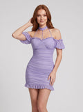 Mauve Stretch Knit Sheath Sweetheart Back Zip Mini Dress with Hem Ruffle