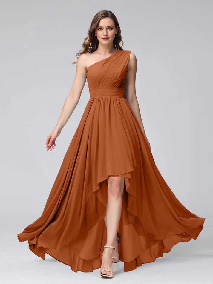 Chiffon One-Shoulder Ruched Bodice Asymmetrical High-Low A-Line Floor-Length Dusty Blue Bridesmaid Dresses