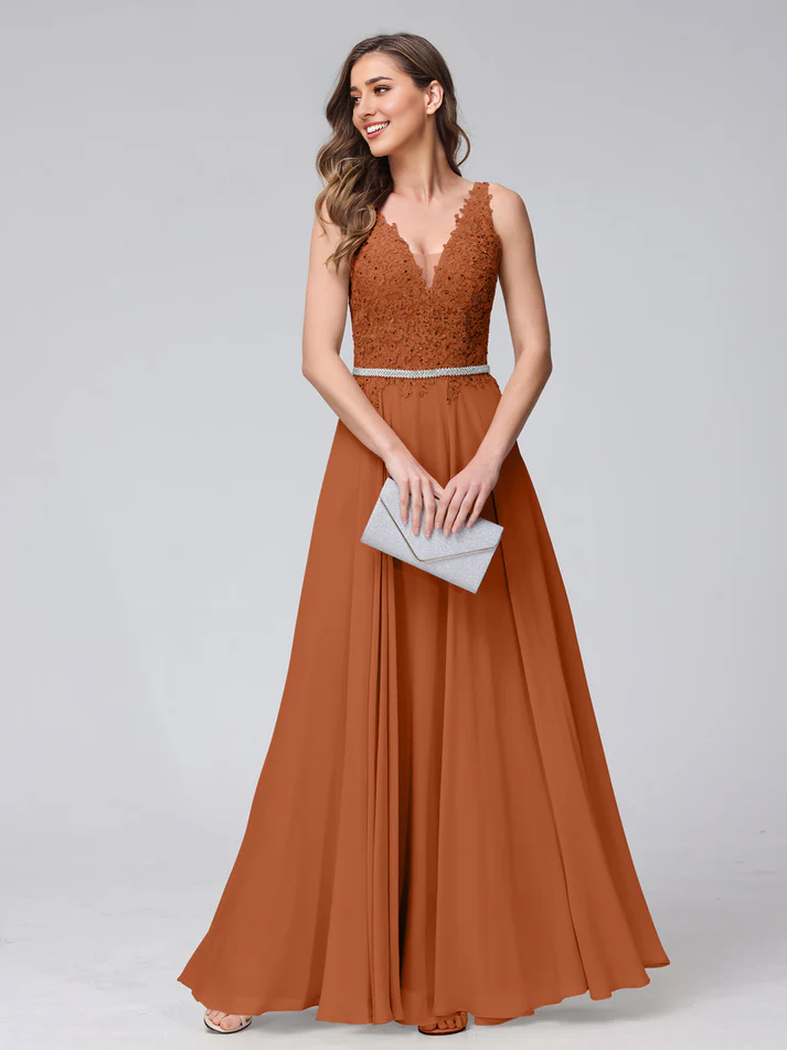 Chiffon Spaghetti-Strap V-Neck Embellished Bodice A-Line Floor-Length Elegant Bridesmaid Dress