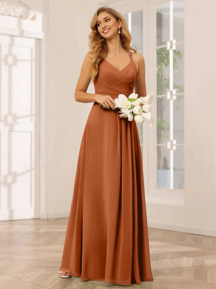 Chiffon Spaghetti-Strap Sweetheart Neckline Ruched Bodice A-Line Floor-Length Romantic Bridesmaid Dress