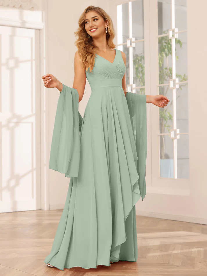 Chiffon V-Neck Detachable Bell-Sleeve High-Low A-Line Floor-Length Versatile Bridesmaid Dress
