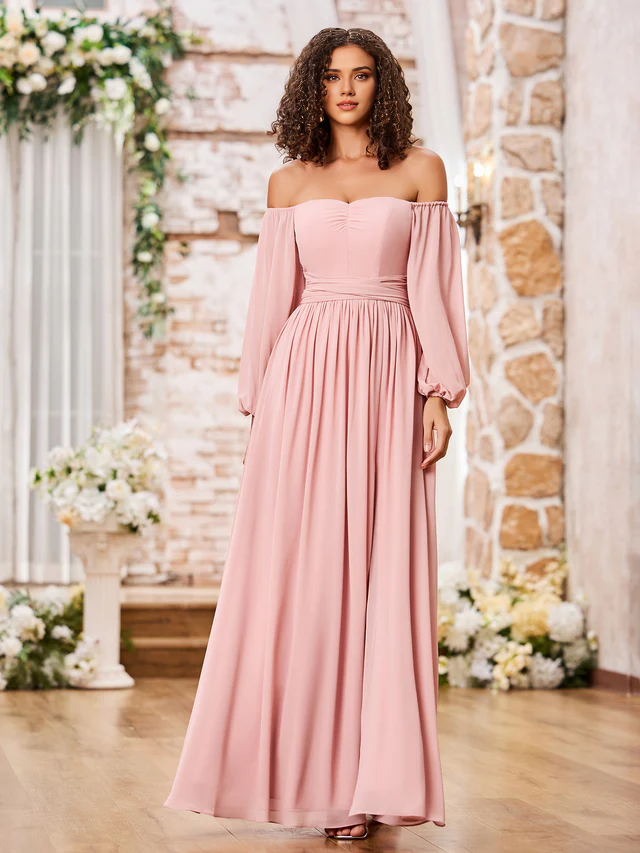Chiffon Off-Shoulder Long-Sleeve Ruched Bodice High-Slit A-Line Floor-Length Bridesmaid Dresses
