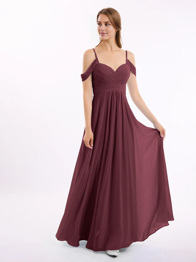 Chiffon Off-Shoulder Sweetheart Neckline Ruched Bodice A-Line Floor-Length Bridesmaid Dresses