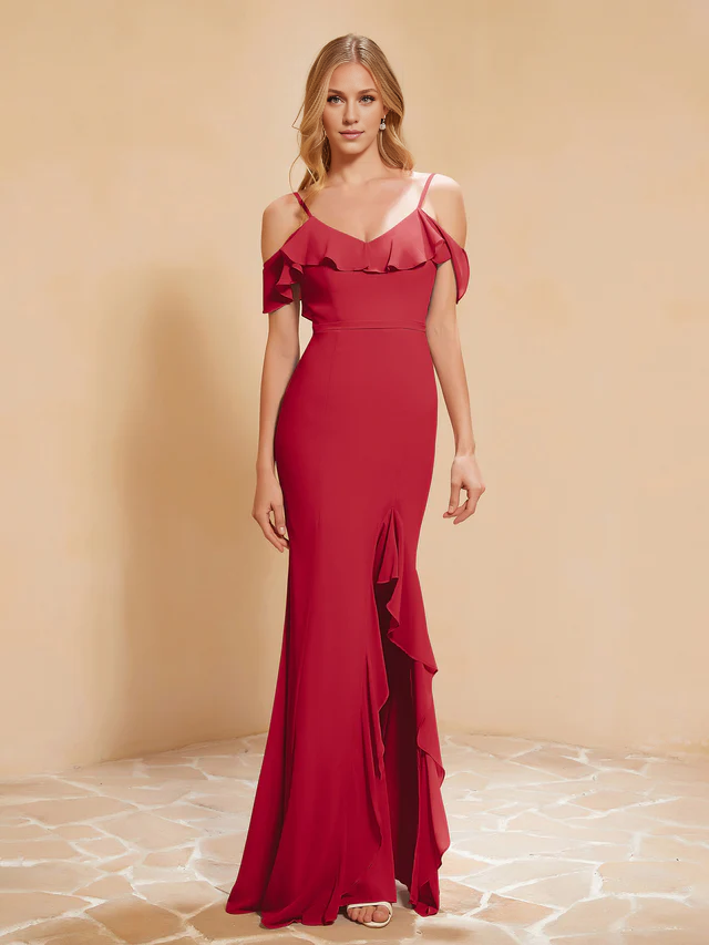 Chiffon Off-Shoulder Ruffled Bodice Sheath High-Slit Floor-Length Bridesmaid Dresses