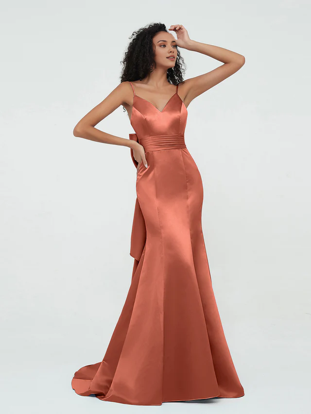 Satin Spaghetti-Strap Deep V-Neck Back Bow Detail A-Line Floor-Length Bridesmaid Dresses