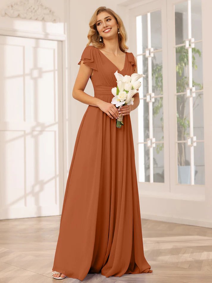 Chiffon Short-Sleeve V-Neck Ruched Bodice High-Slit A-Line Floor-Length Versatile Bridesmaid Dress