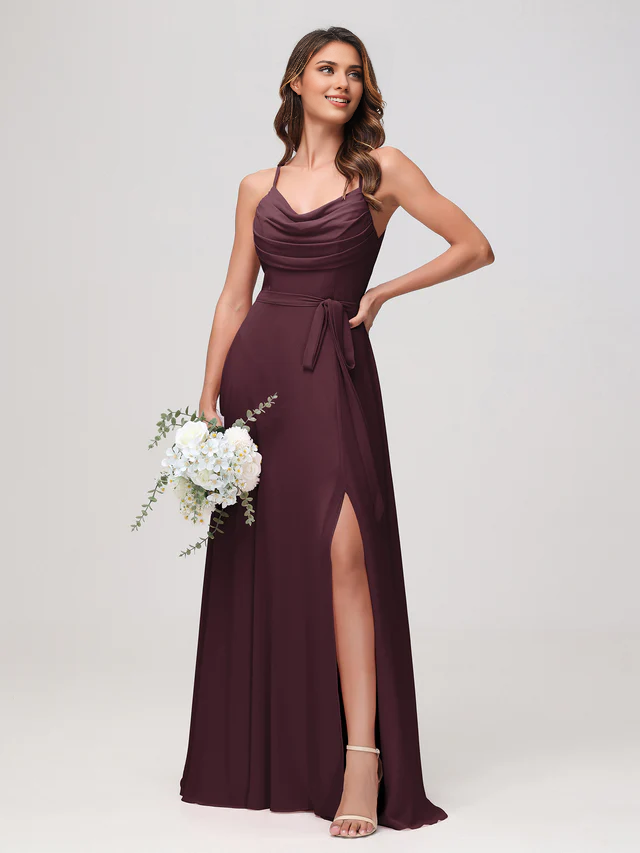 Chiffon Spaghetti-Strap Sweetheart Neckline Ruched Bodice High-Slit A-Line Floor-Length Bridesmaid Dresses