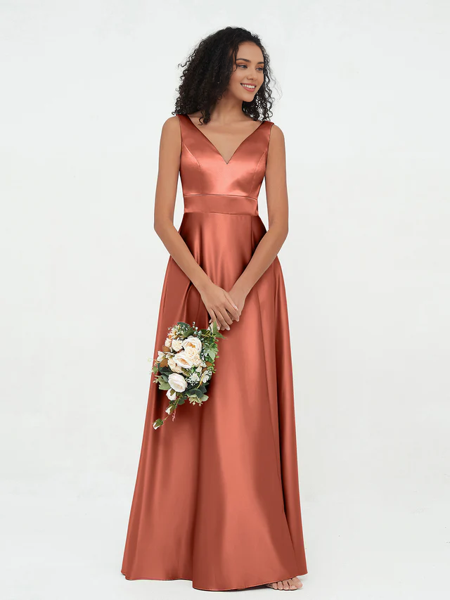 Satin Spaghetti-Strap Deep V-Neck A-Line Floor-Length Bridesmaid Dresses