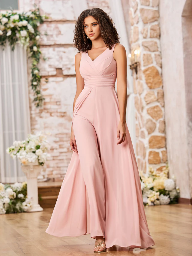 Chiffon Spaghetti-Strap V-Neck Ruched Bodice Wide-Leg Floor-Length Bridesmaid Jumpsuits