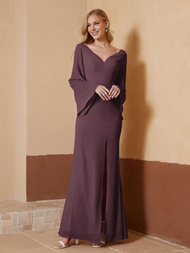 Chiffon Bell-Sleeve Deep V-Neck Ruched Bodice Sheath Floor-Length Bridesmaid Dresses