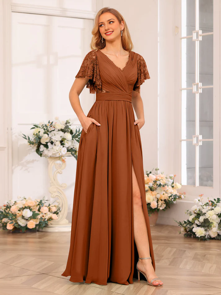 Chiffon One-Shoulder Flutter Sleeve Ruched Bodice High-Slit A-Line Floor-Length Soft Mint Bridesmaid Dresses