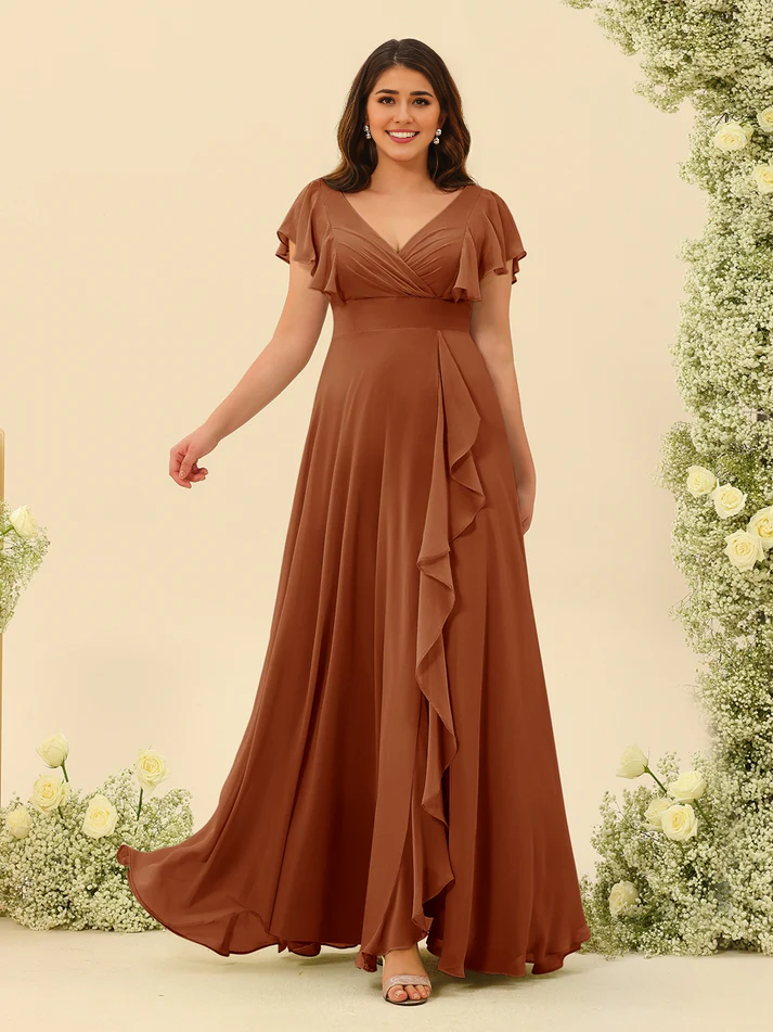 Chiffon Ruffle V-neck Short sleeved Bridesmaid Dress