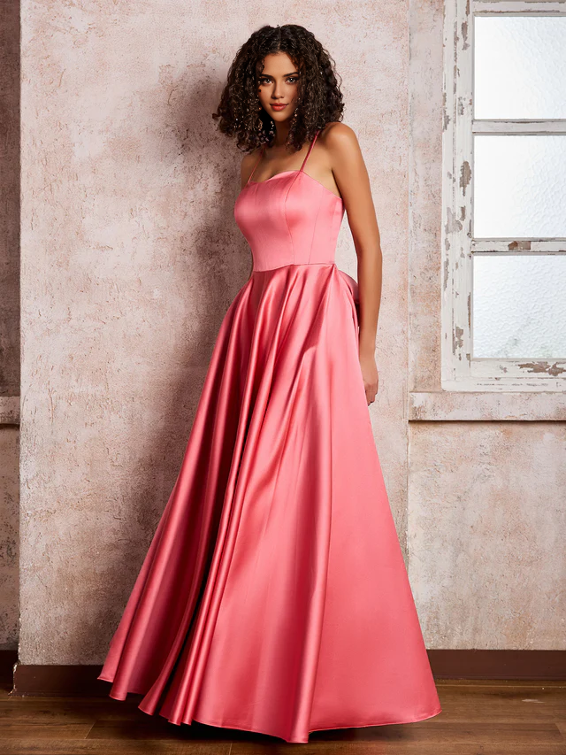 Satin Spaghetti-Strap Square Neck Back Bow Detail A-Line Floor-Length Bridesmaid Dresses