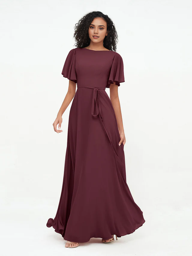 Chiffon Short-Sleeve Boat Neck Tie-Waist A-Line Floor-Length Bridesmaid Dresses