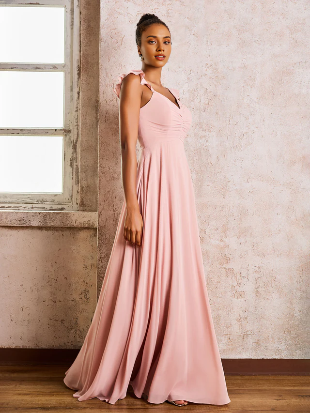 Chiffon Spaghetti-Strap Sweetheart Neckline Ruched Bodice A-Line Floor-Length Bridesmaid Dresses