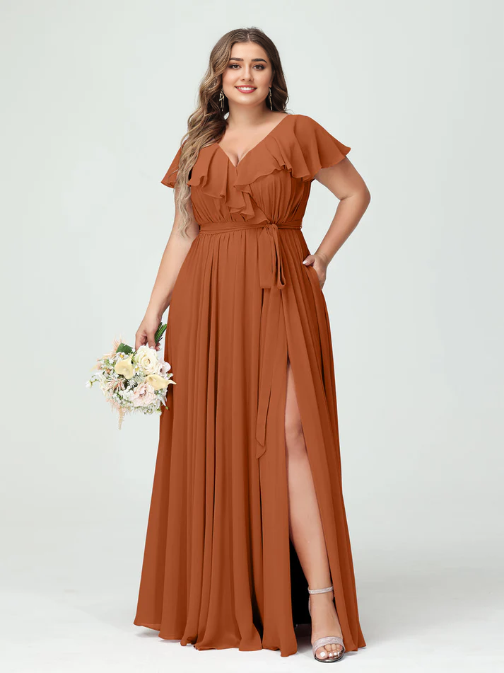 Chiffon Flutter-Sleeve V-Neck Pleated Bodice High-Slit A-Line Floor-Length Romantic Bridesmaid Dress