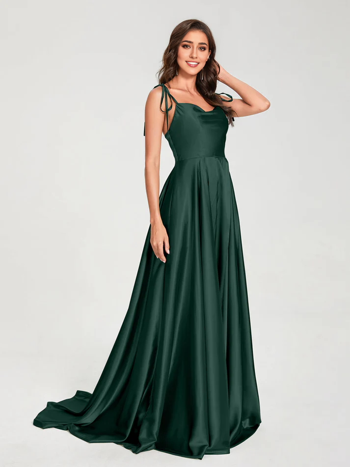 Satin Spaghetti-Strap V-Neck Ruched Bodice Train A-Line Floor-Length Luxe Bridesmaid Dress