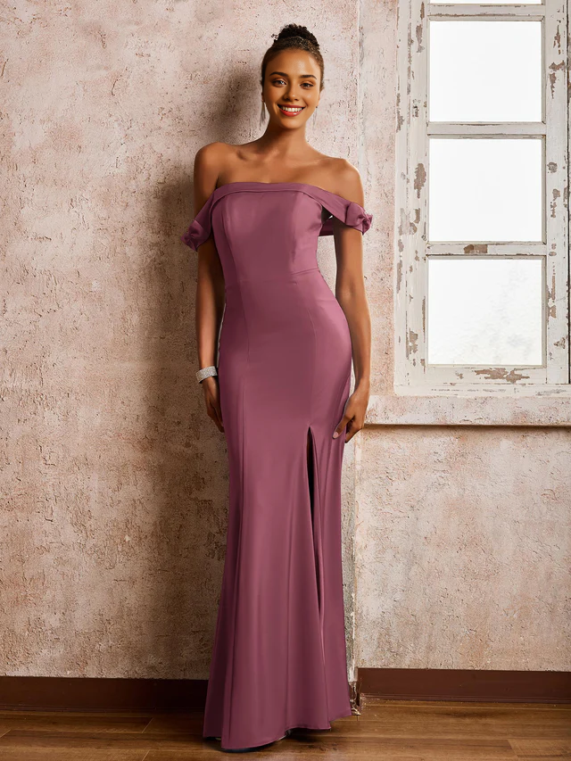 Chiffon Off-Shoulder Sweetheart Neckline Ruched Bodice High-Slit Sheath Floor-Length Bridesmaid Dresses