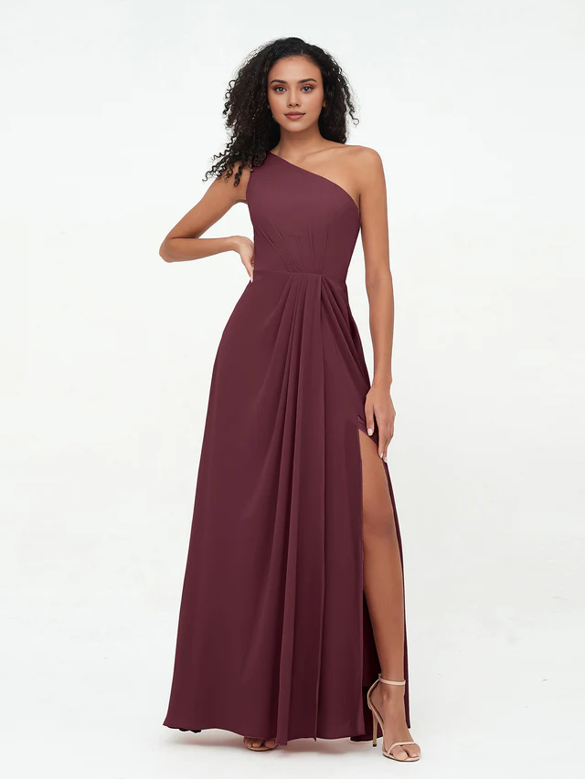 Chiffon One-Shoulder Ruched Bodice High-Slit A-Line Floor-Length Bridesmaid Dresses