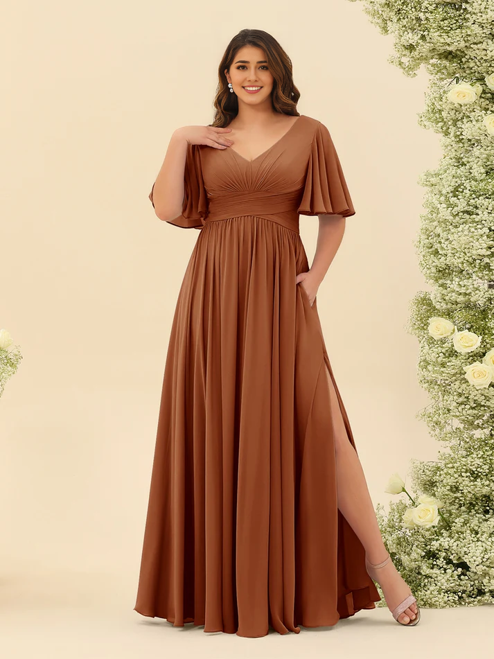 Chiffon Short-Sleeve V-Neck Ruched Bodice High-Slit A-Line Floor-Length Comfortable Bridesmaid Dress