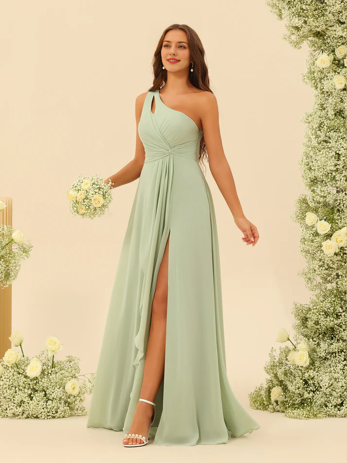 Chiffon One-Shoulder Ruched Bodice High-Slit A-Line Floor-Length Bridesmaid Dresses
