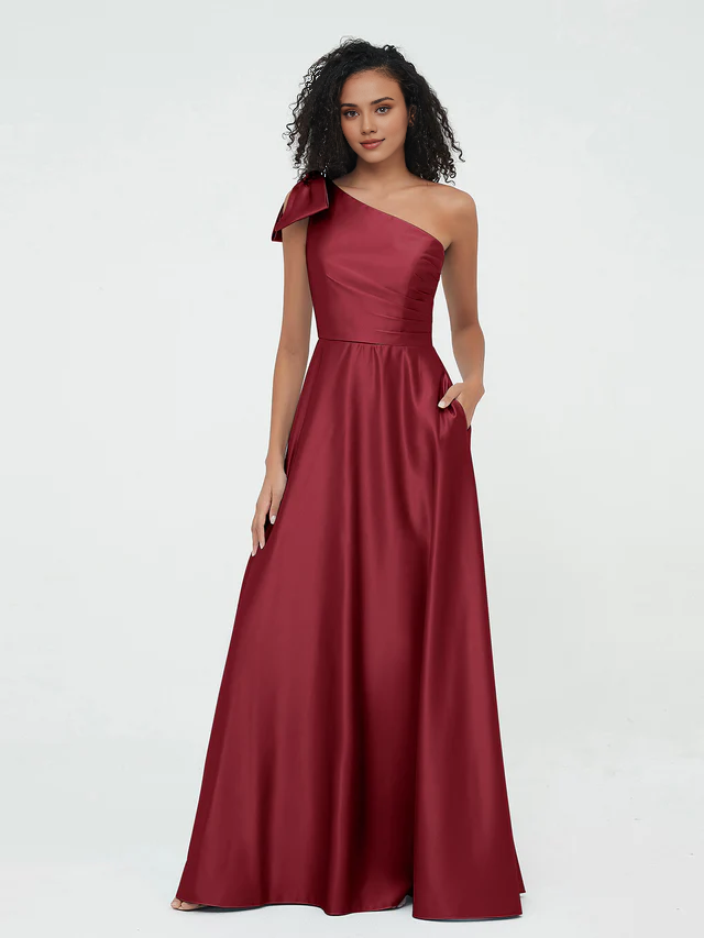 Elegant Satin A-Line One Shoulder Bow Back Maxi Bridesmaid Dress