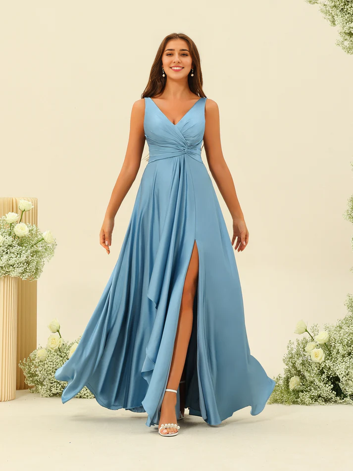 Satin V-Neck Sleeveless Ruched Bodice High-Slit A-Line Floor-Length Elegant Bridesmaid Dress