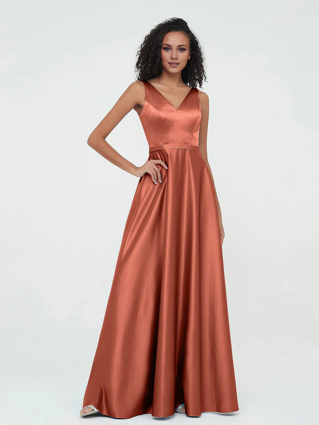 Satin Spaghetti-Strap V-Neck Ruched Bodice A-Line Floor-Length Bridesmaid Dresses