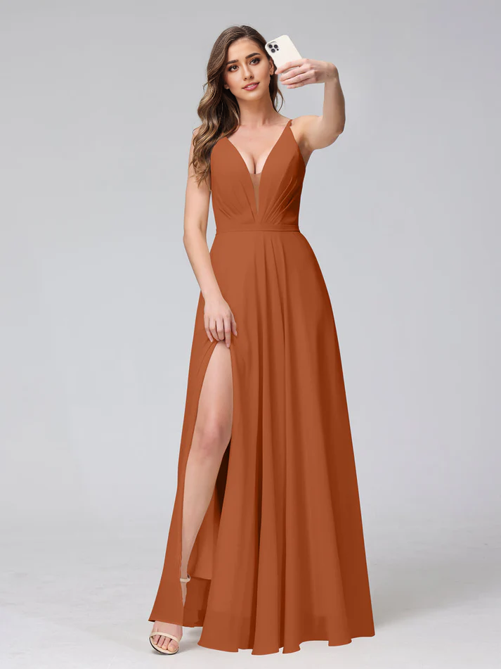Chiffon Spaghetti-Strap V-Neck Ruched Bodice High-Slit A-Line Floor-Length Romantic Bridesmaid Dress