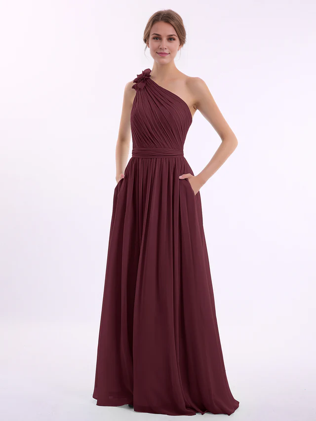 Chiffon One-Shoulder Ruched Bodice Pocketed A-Line Floor-Length Bridesmaid Dresses