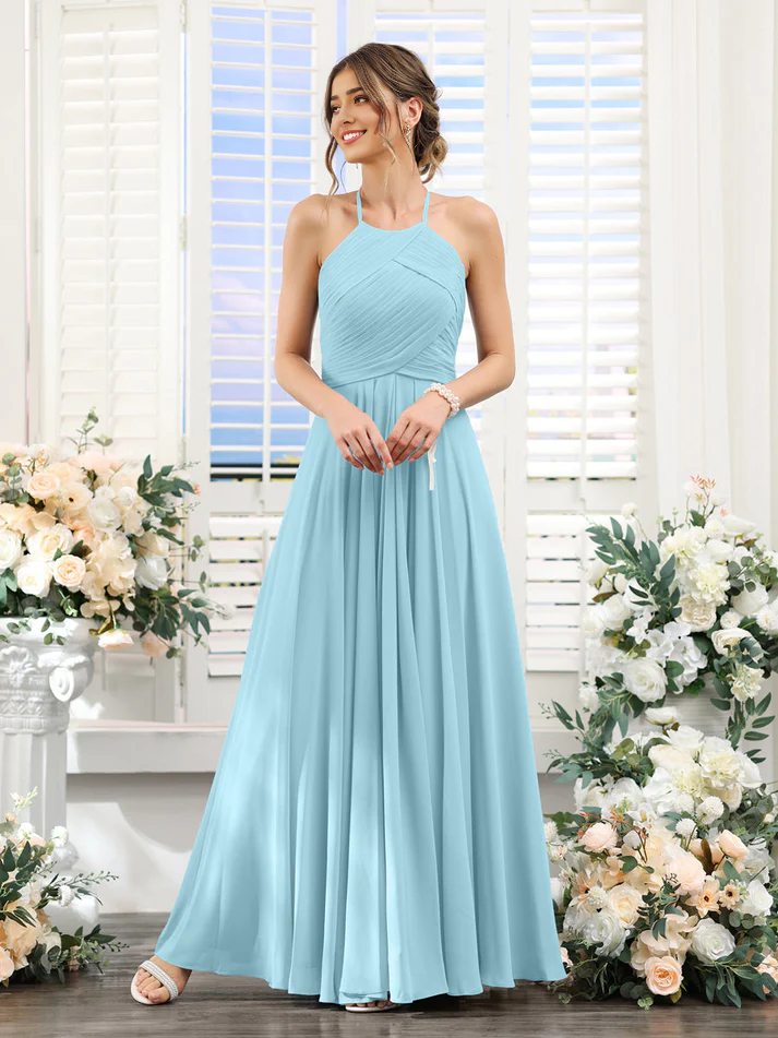 Chiffon Halter Neck Ruched Bodice A-Line Floor-Length Elegant Bridesmaid Dress