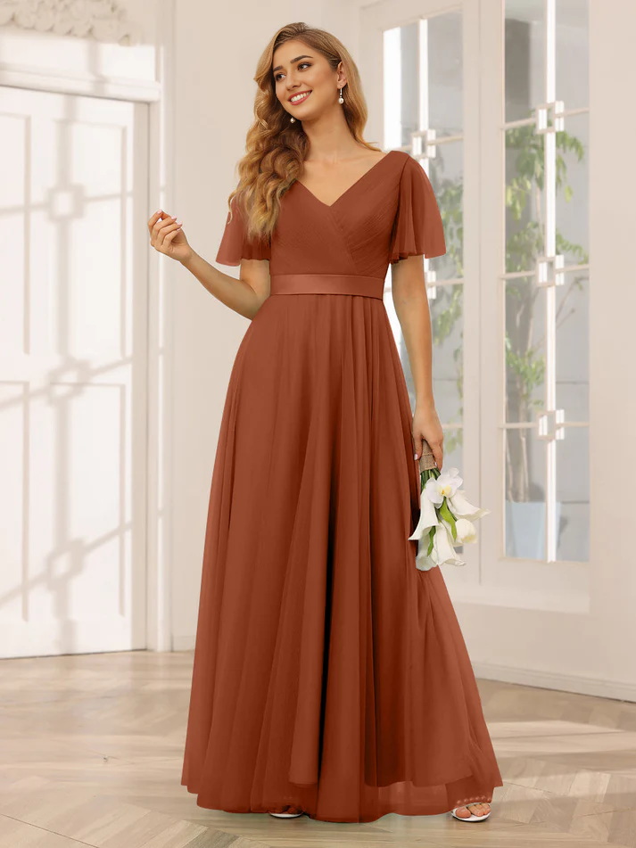 Chiffon Short-Sleeve V-Neck Belted Bodice A-Line Floor-Length Romantic Bridesmaid Dress