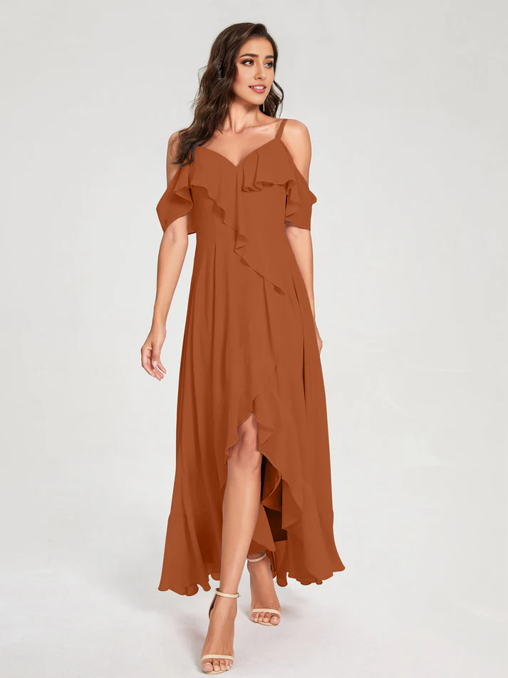 Chiffon Cold-Shoulder Spaghetti-Strap High-Slit Asymmetrical Floor-Length Stylish Bridesmaid Dress