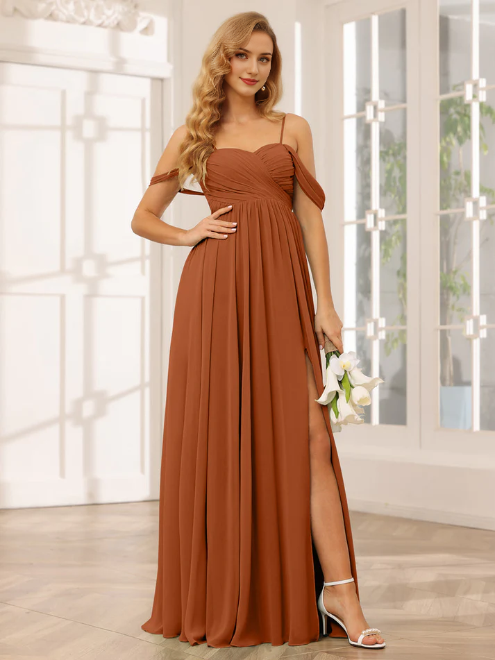 Chiffon Off-Shoulder Sweetheart Neckline Ruched Bodice High-Slit A-Line Floor-Length Sage Green Bridesmaid Dresses