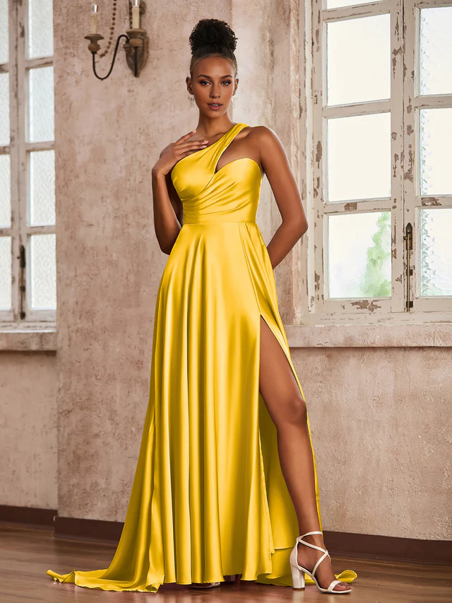 Satin Spaghetti-Strap Ruched Bodice High-Slit A-Line Train Floor-Length Bridesmaid Dresses