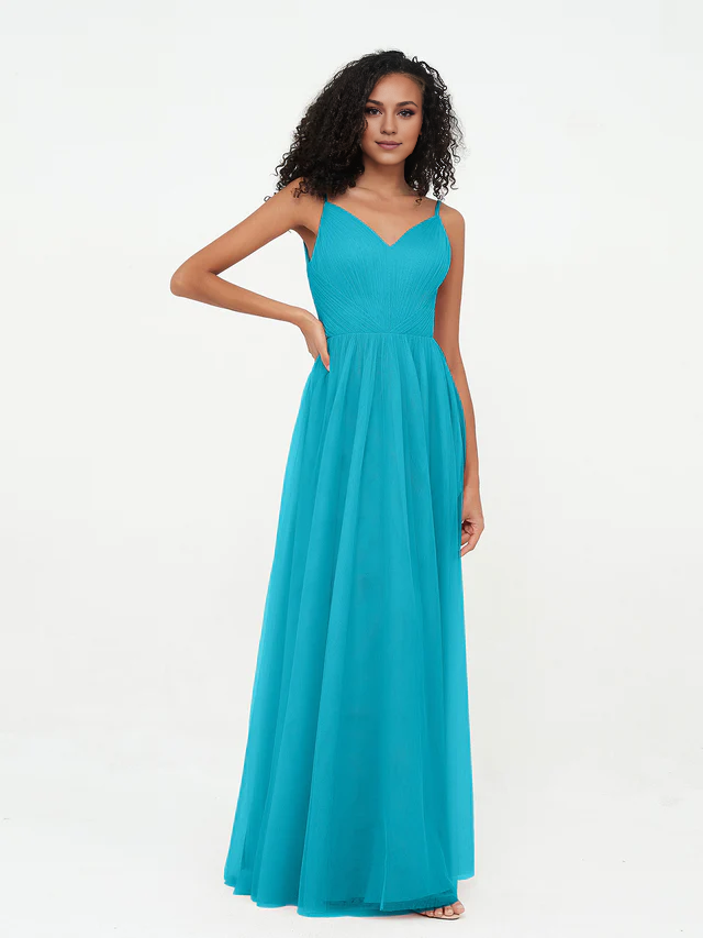 Chiffon Spaghetti-Strap V-Neck Ruched Bodice A-Line Floor-Length Bridesmaid Dresses