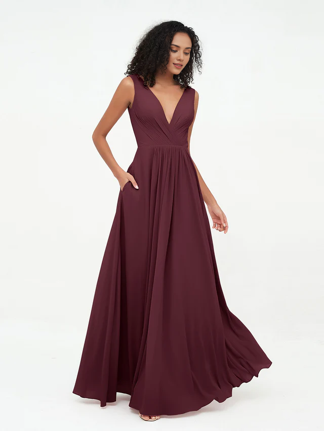Chiffon Spaghetti-Strap Deep V-Neck Pocketed A-Line Floor-Length Bridesmaid Dresses