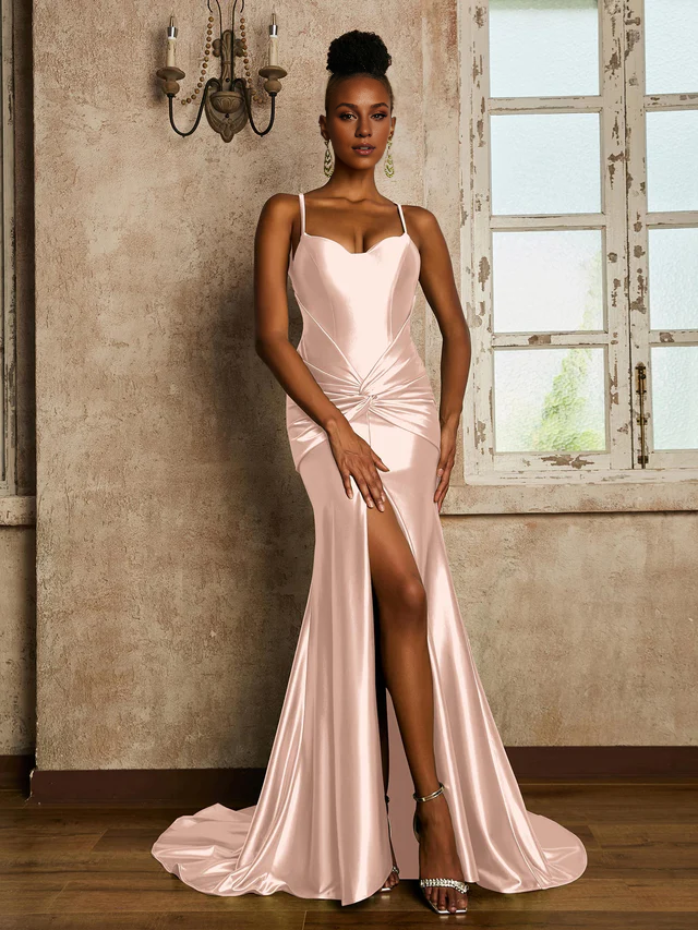 Satin Spaghetti-Strap Ruched Bodice High-Slit Sheath Train Floor-Length Bridesmaid Dresses