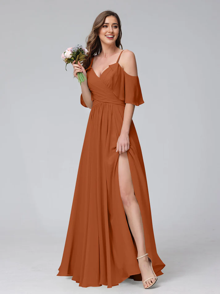 Chiffon Cold-Shoulder V-Neck Ruched Bodice High-Slit A-Line Floor-Length Romantic Bridesmaid Dress