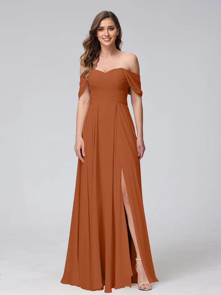 Chiffon Off-the-Shoulder Short-Sleeve Ruched Bodice High-Slit A-Line Floor-Length Elegant Bridesmaid Dress