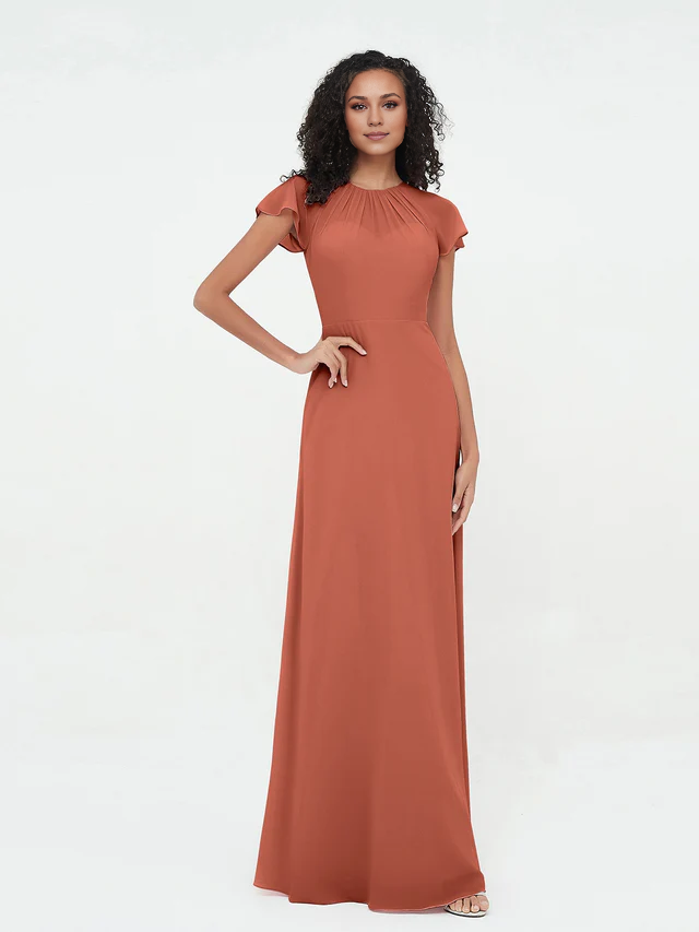 Chiffon Short-Sleeve Round Neck Ruched Bodice A-Line Floor-Length Bridesmaid Dresses